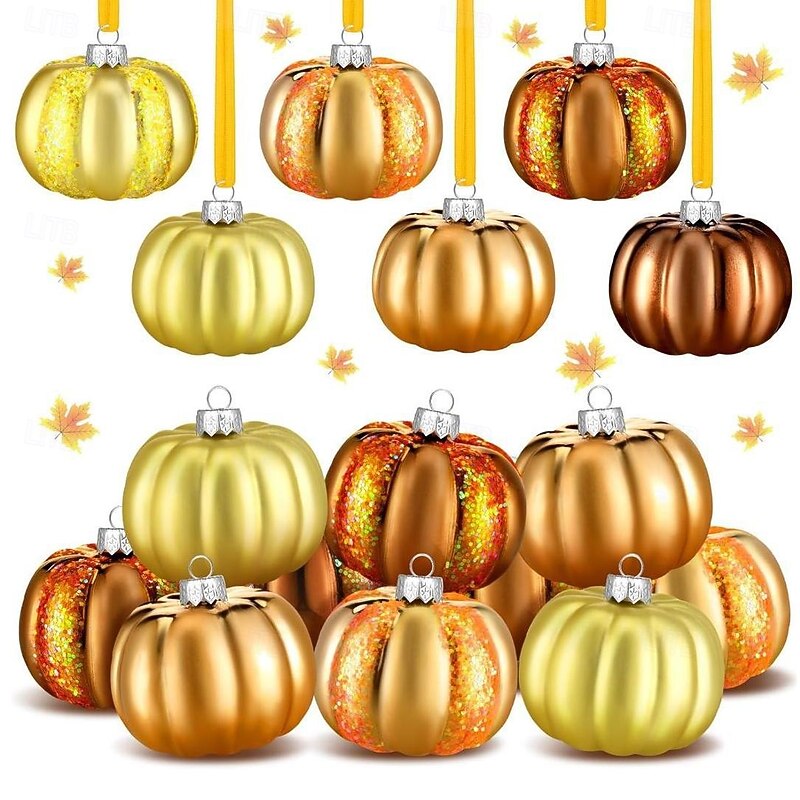 12 pcs Halloween Hanging Pumpkin Ornaments Fall Mini Thanksgiving Ball Ornaments, Hand Painted Pumpkin Baubles for Christmas Tree, Home Decor, Holiday Display or Autumn Table Centerpiece