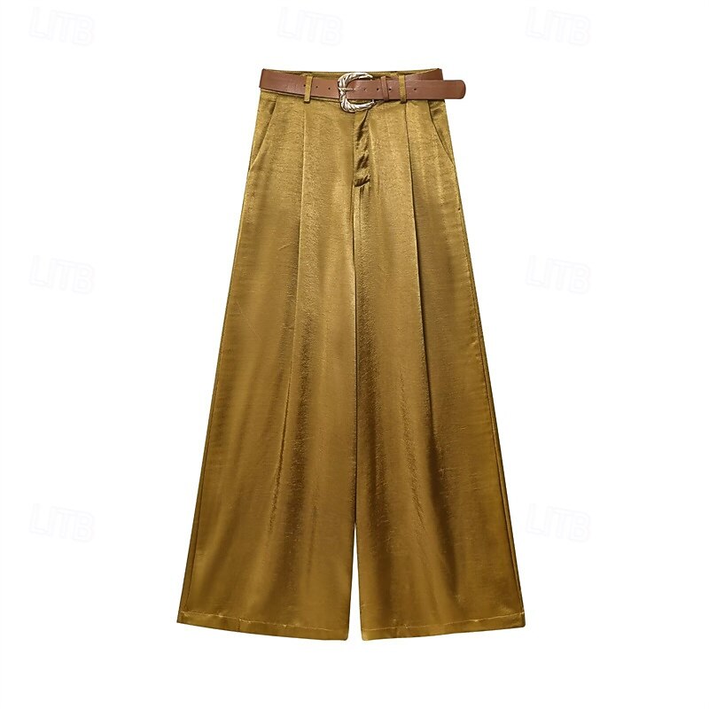 Women's Wide Leg Pants Trousers Palazzo Pants Fashion Streetwear Full Length High Waist Plain Breathability Comfortable Street Daily Wear Going out Yellow Khaki Spring Fall Regular Fit2