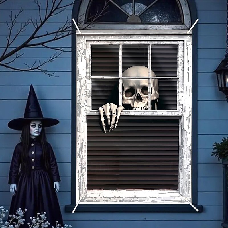 Halloween Window Curtain Skeleton Peeking Through Blinds, Scary Door Cover, Window cover,  Wall Tapestry for 2025 Halloween Spooky Home Decoration
