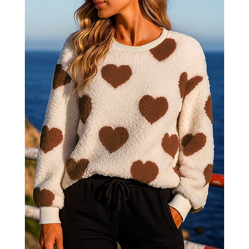 Women's Fleece Sweatshirt Pullover Sweatshirt Long Sleeve Top Athleisure Fall Heart Fashion Warm Outdoor Jogging Running Sportswear Activewear Black Red Coffee4