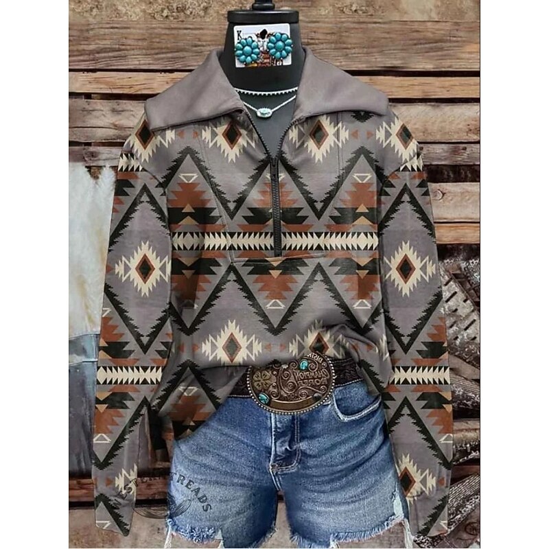 Women's Pullover Sweatshirt Geometric Casual Long Sleeve Square Neck Regular Tops Home Street Dailywear Brown Fall