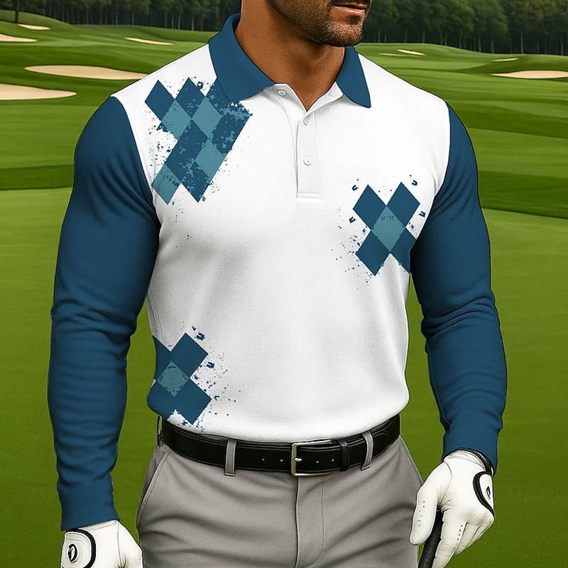 Men's Geometric Golf Polo Sports Polo Shirts Long Sleeve Polo Shirts Collared Shirts Casual Sports 3D Print Spring Fall Black Blue Purple