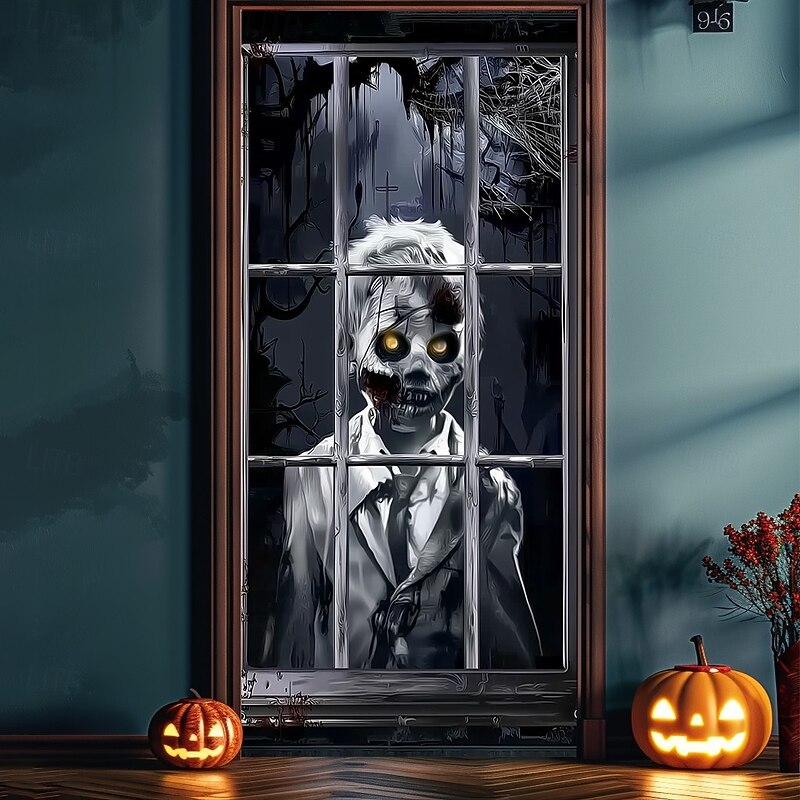 Halloween Door Cover – Creepy Zombie Man at Window, Haunted House Entrance Banner, Scary Outdoor & Indoor 2025 Halloween Decoration for Bedroom, Living Room, Bathroom