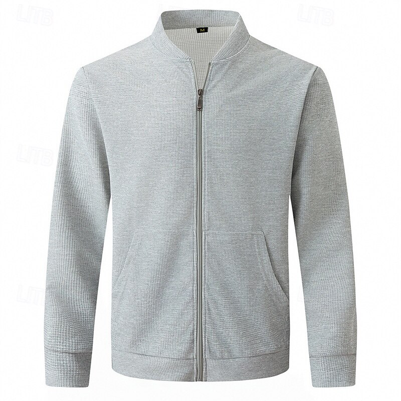 Men's Lightweight Jacket Waffle Jacket Casual Jacket Vacation Daily Breathable Pocket Spring Fall Plain Fashion Classic Stand Collar Regular Black White Blue Khaki Gray Jacket3