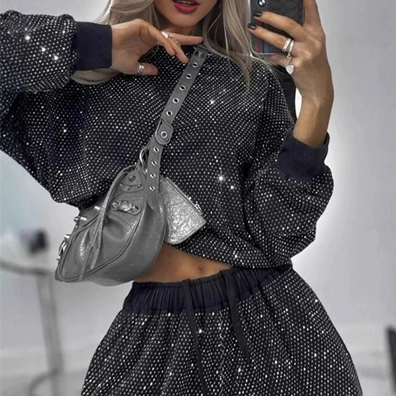 Women's Fashion Streetwear Pants Sets Long Sleeve Crew Neck Plain Sequins Daily Wear Date Black Summer Regular Fit