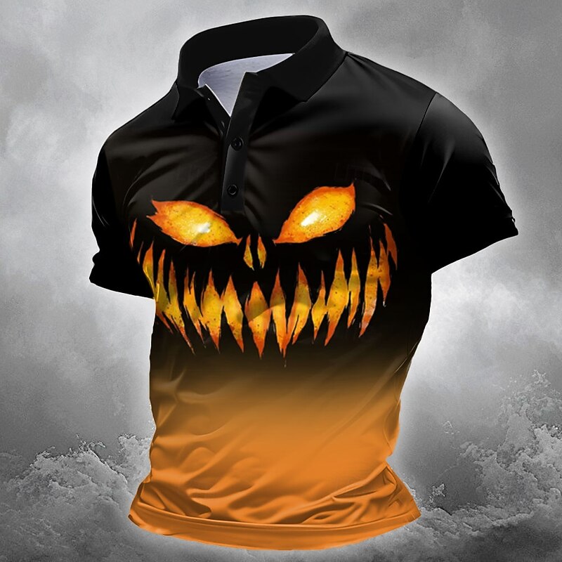 Halloween Men's Pumpkin Polo Short Sleeve Polo Shirts Collared Shirts Casual Horror Dark Outdoor Athleisure Festival Outfit 3D Print Buttons Summer Blue Purple Orange