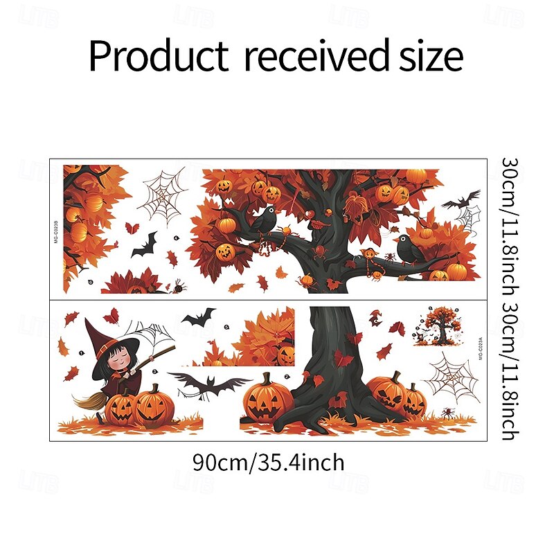 Halloween Cartoon Witch Pumpkin Tree Bat Wall Decals, Self-Adhesive Stickers for Living Room Background Wall, Cute Halloween Wall Decor for Home or Party4