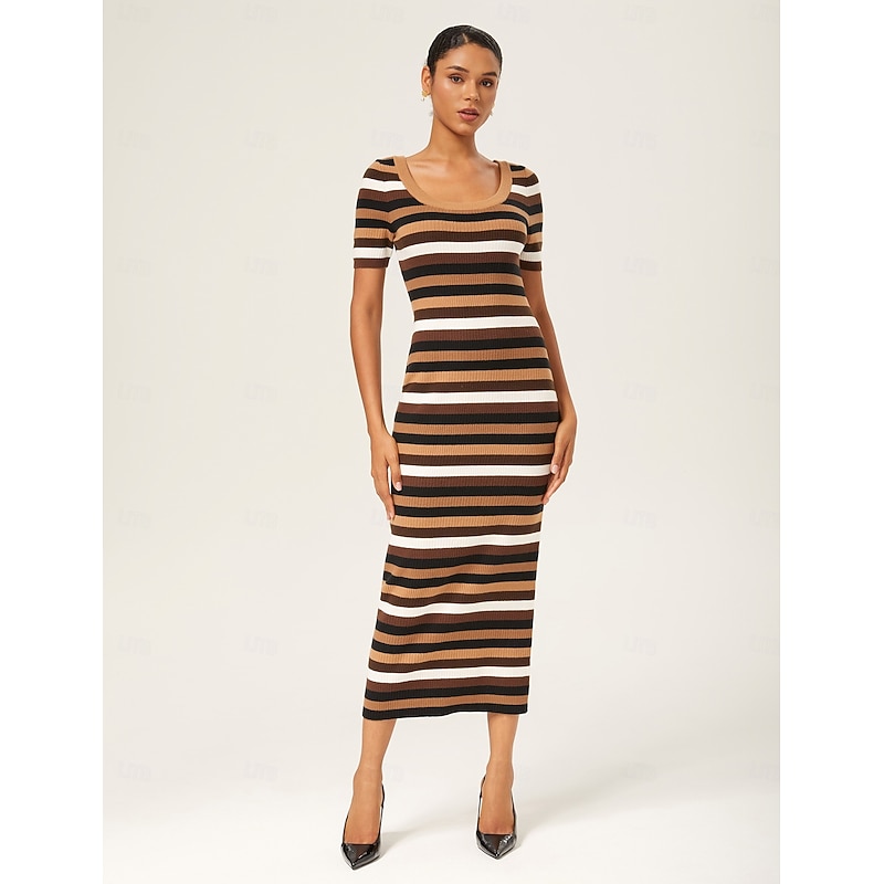 Coffee Striped Fitted Maxi Dress