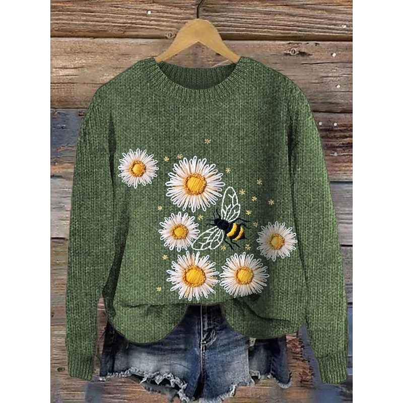 Women's Sweater Casual Soft Animal Ribbed Crew Neck Knitted Print Long Sleeve Regular Tops Knit Outdoor Daily Weekend Dark Green Green Fall Winter3