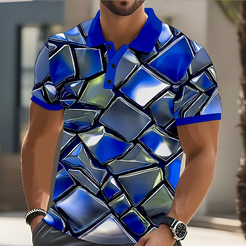 Men's Geometic Polo Short Sleeve Polo Shirts Collared Shirts Casual Outdoor Street Athleisure 3D Print Buttons Summer Red Blue Green2