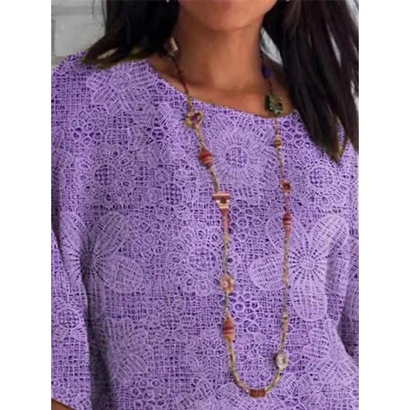 Women's Shirt Floral 3D Daily Casual 3/4 Length Sleeve Crew Neck Regular Tops Daily Holiday Print Purple Summer Spring Fall2