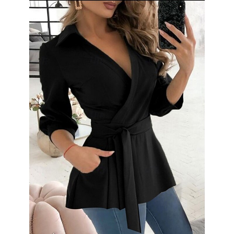 Women's Blouse Solid Color Elegant Stylish Basic Long Sleeve V Neck Regular Tops Daily Lace up Black White Fuchsia Green Summer Spring Fall