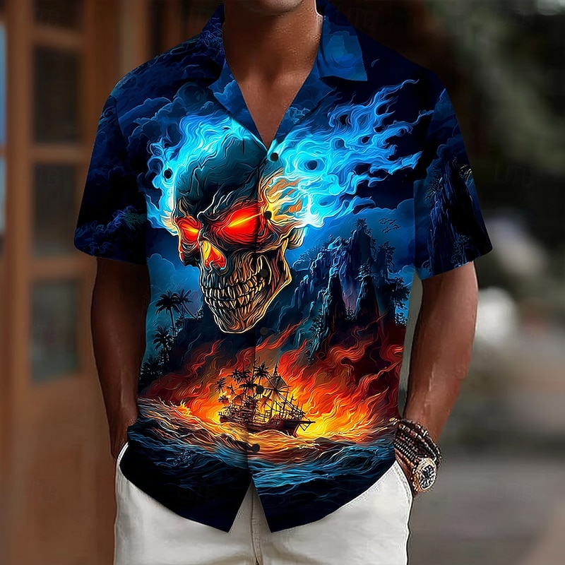 Halloween Men's Skull Flame Sailboat Shirt Cuban Collar Shirt Button Up Shirt Short Sleeve Dark Punk Gothic Style Holiday Streetwear Summer Camp Collar Shirt 3D Print Blue 1# Dark Blue