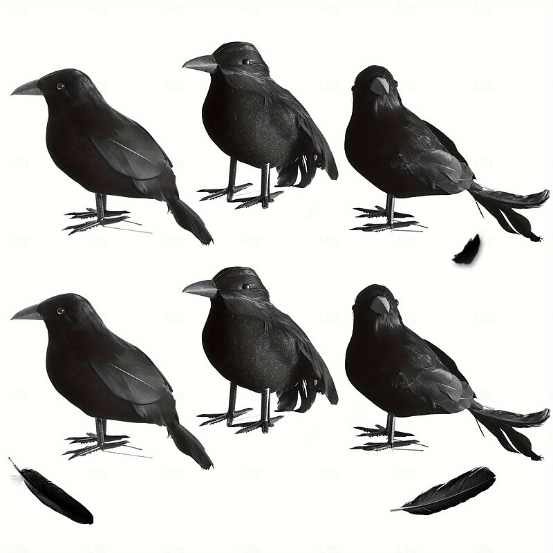 Halloween Black Crows Decorations 6-Pack - Handcrafted Realistic Feathered Ravens for Garden Yard Patio Indoor Outdoor Display - Non-Electric Seasonal Decor with Artificial Feathers