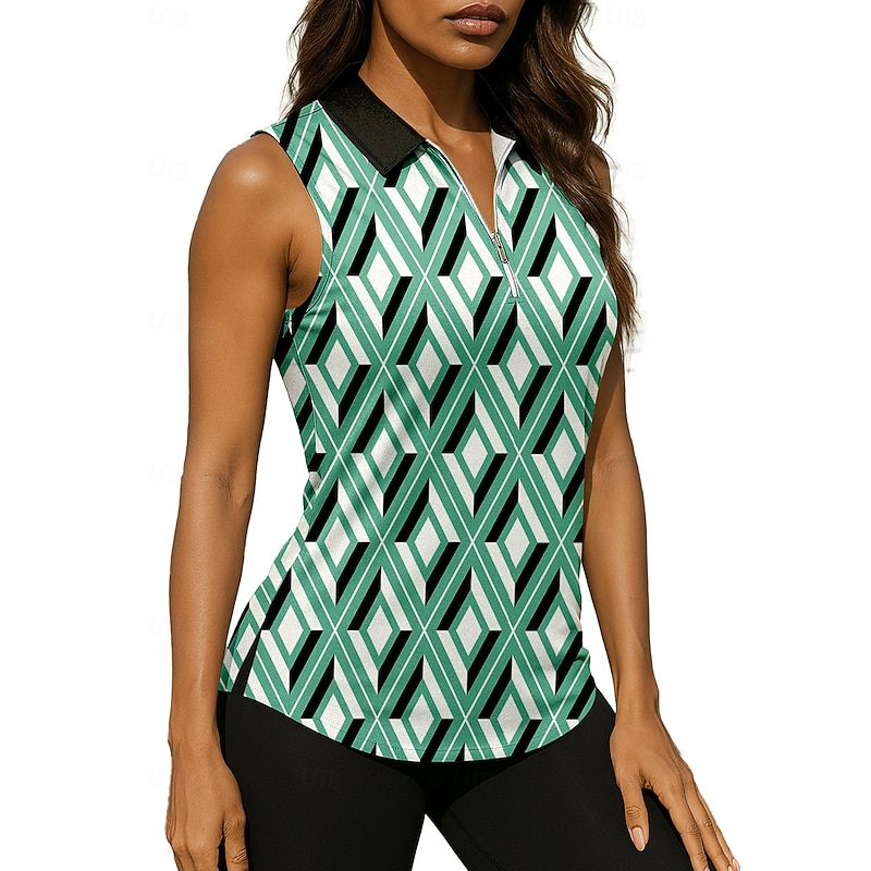 Women's Geometric Sport Shirt Golf Polo Shirt Tennis Shirt Sleeveless Zipper UPF50+ UV Resistant High Elasticity Moisture Wicking Breathable Tennis Golf Pickleball Turndown Zip Collar Shirt Top Green