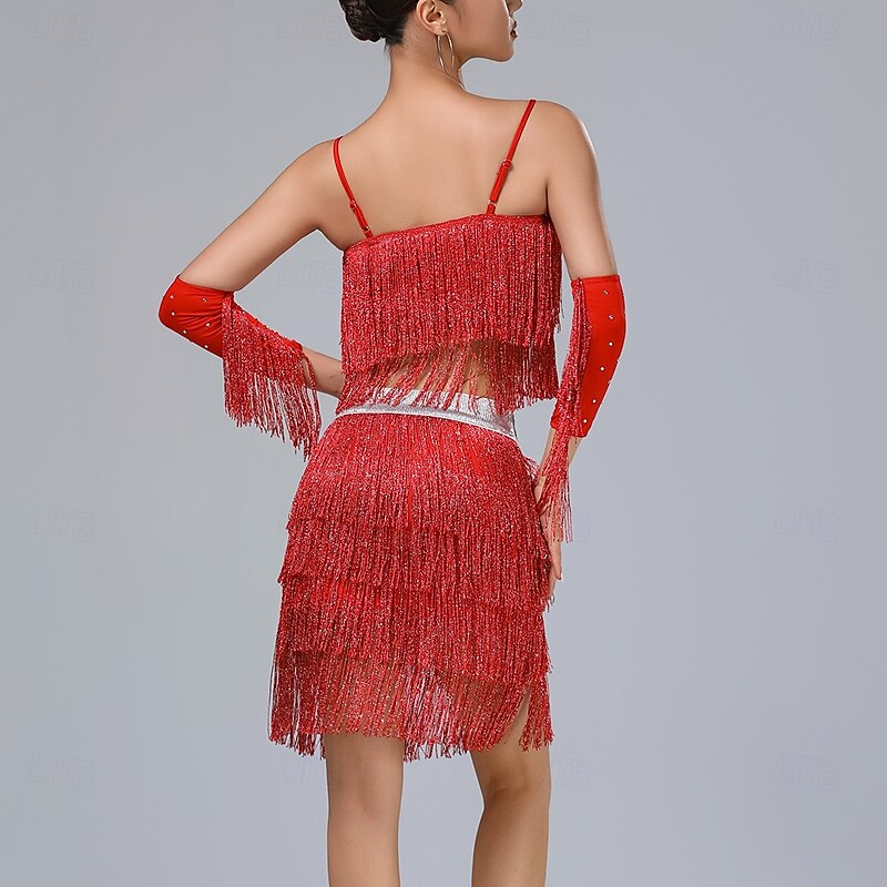 Latin Dance Skirts Tassel Pure Color Splicing Women's Performance Training Sleeveless High Polyester3