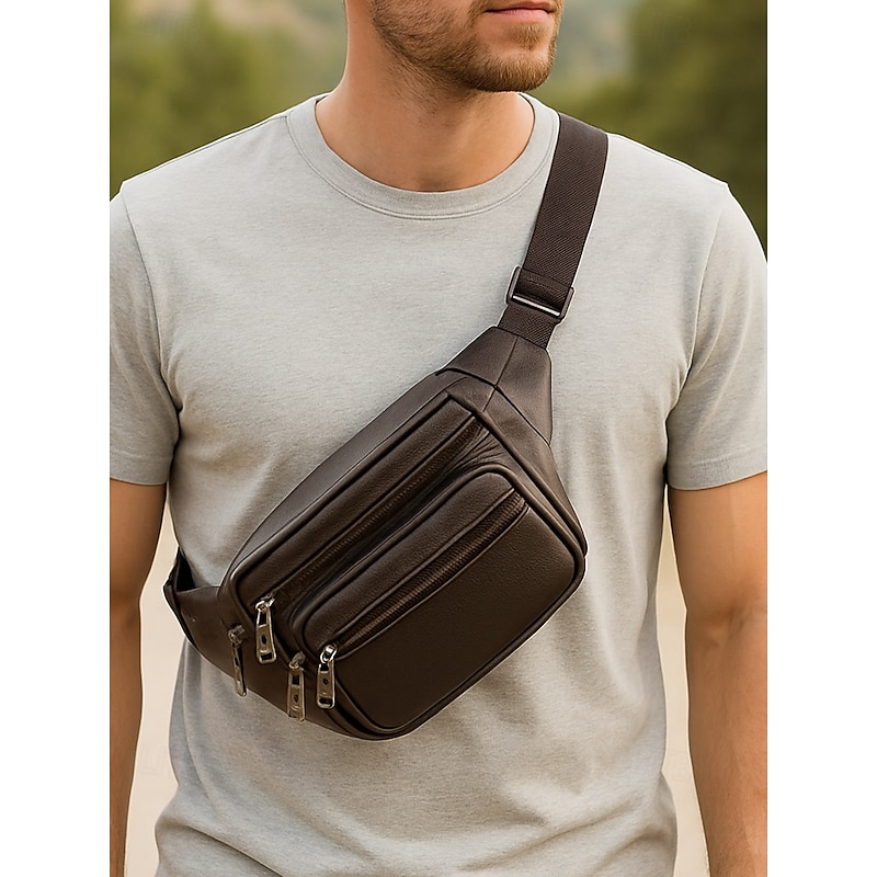 Men's Genuine Leather Waist Bag – Multi-Pocket Crossbody Fanny Pack with Adjustable Strap, Durable Zippers, and Casual Outdoor Style for Travel, Hiking and Daily Use3