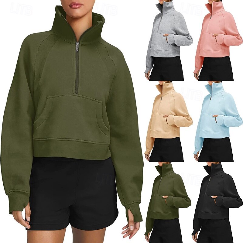 Women's Pullover Sweatshirt Sweatshirts Plain Streetwear Casual Long Sleeve Turtleneck Regular Tops Street Holiday Half Zipper Quarter Zipper Zipper Pocket Black Army Green Beige Fall Winter