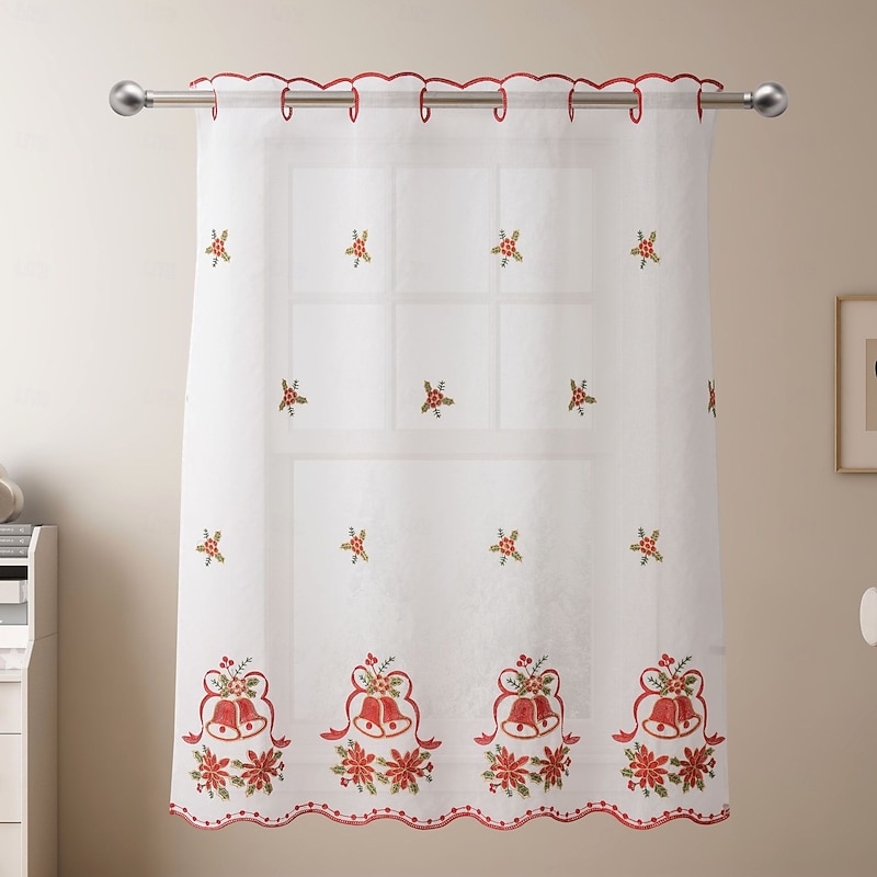 Curtain Drapes Christmas Embroidered Sheer Curtains  Eyelet Short Blackout Drapes, Ready-Made Holiday Decor for Living Room & Bedroom3