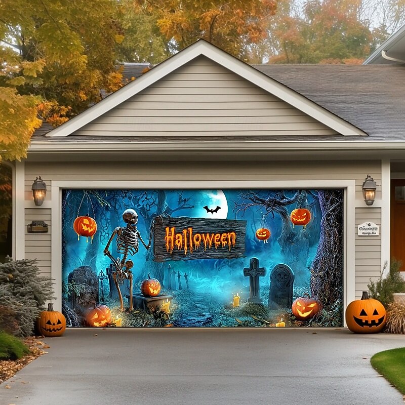 Halloween Garage Door Cover – Pumpkin Patch with "Halloween" Sign & Hanging Bats, Spooky Outdoor Decoration for 2025 Halloween Home Front Yard2