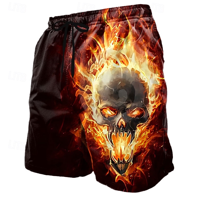 Men's Skull Flame Halloween Costumes Swim Trunks Swim Shorts Board Shorts Mid Waist Dark Punk Gothic Style Holiday Streetwear Side Pockets Mesh Lining Elastic Drawstring Waist Designer Clothing