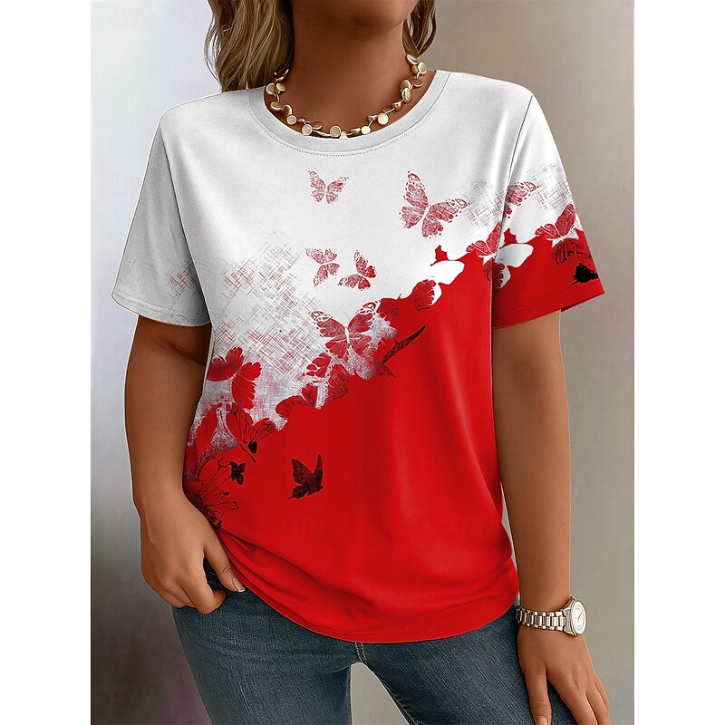 Women's Plus Size Tops T Shirt Graphic Butterfly Print Short Sleeve Crew Neck Casual Daily Knit Summer Spring Black Red3