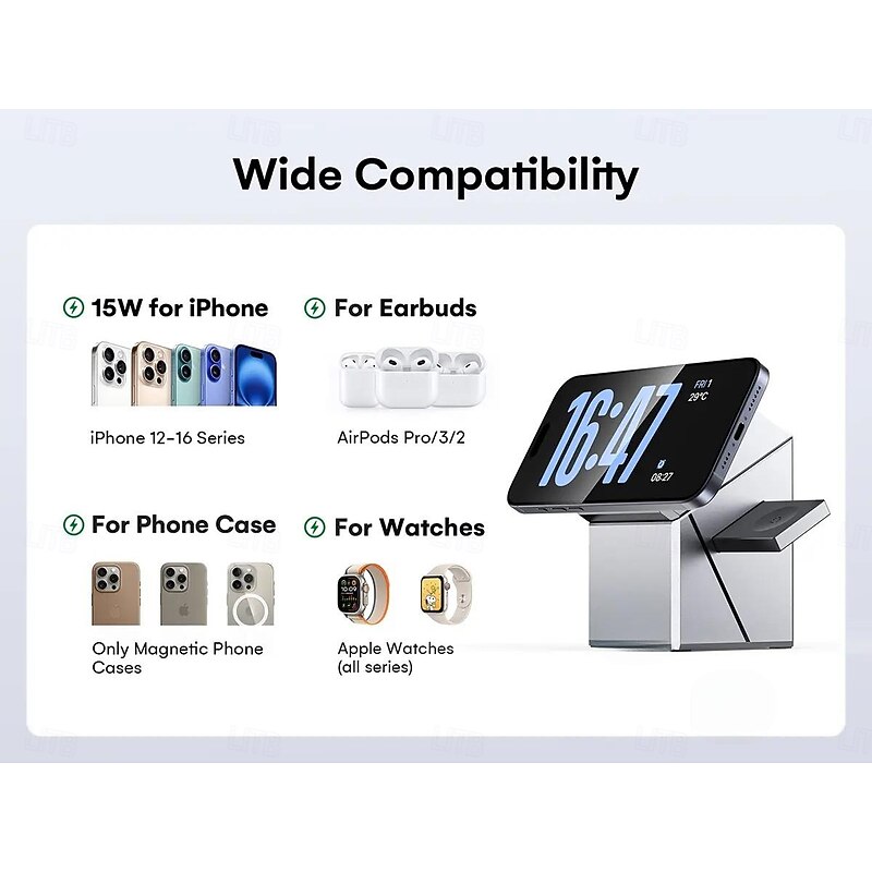 3-in-1 Wireless Charging Station for iPhone, Fast Wireless Charging Station Compatible with Mag-Safe Charger,Magnetic Foldable Travel Charger Stand Nightstand for iPhone ,Apple Watch, AirPods4