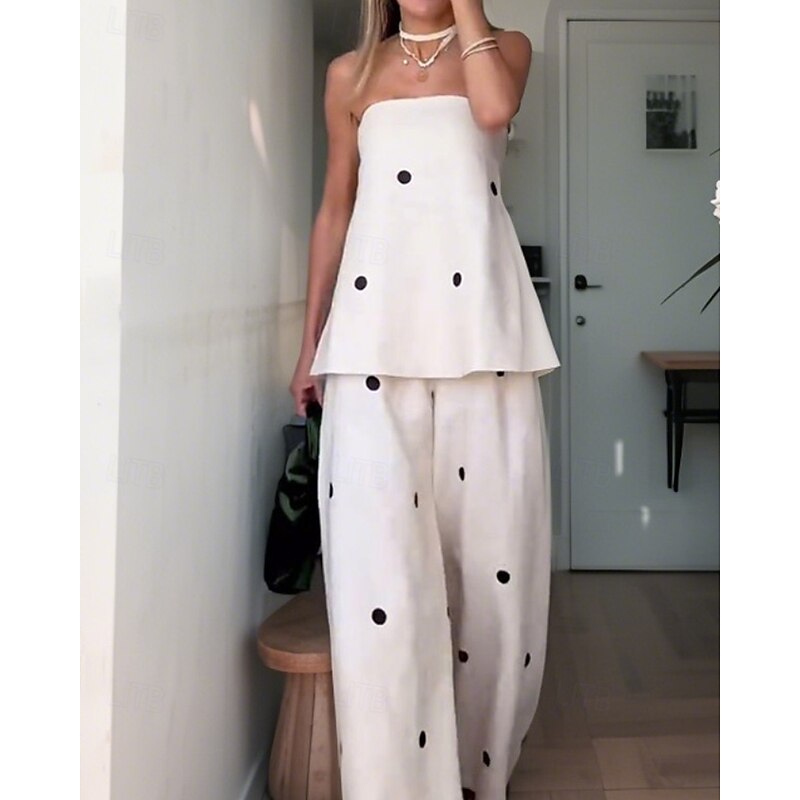Women's Active Fashion Blouse Pants Sets Sleeveless Off Shoulder Polka Dot Backless Daily Casual Daily White Summer Regular Fit2