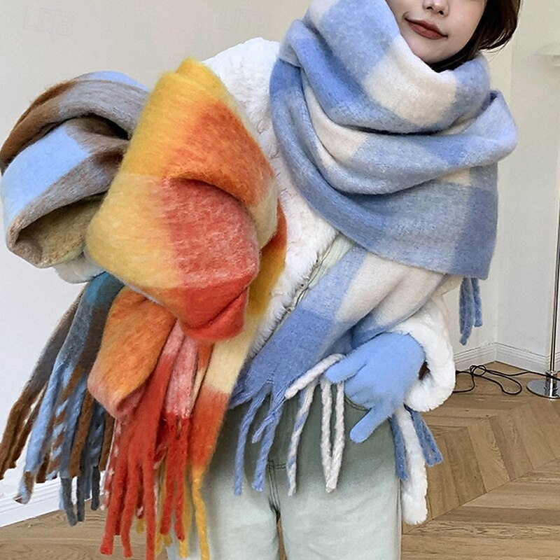 Women's Rectangle Scarf Street Daily Date Yellow Blue Scarf Plaid4