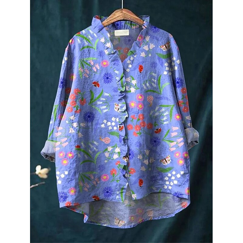 Women's Boho Shirt Floral Elegant Bohemia Active Long Sleeve Work Daily Holiday Ruched Ruffle Denim Blue Pink Dusty Rose Blue Green Summer Spring Fall4