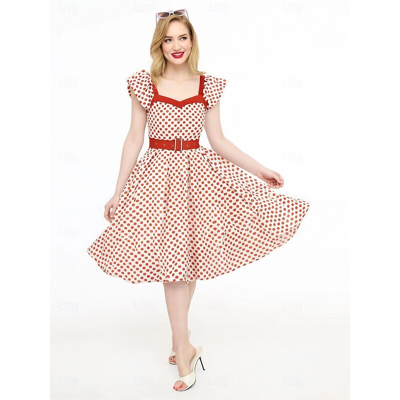 Retro Vintage 1950s Rockabilly Midi Swing Dress Flare Dress With Belt Polka Dot Fancy Dress Women's Carnival Masquerade Vacation Daily Wear Retro Theme Party Adults' Dress Spring & Summer4