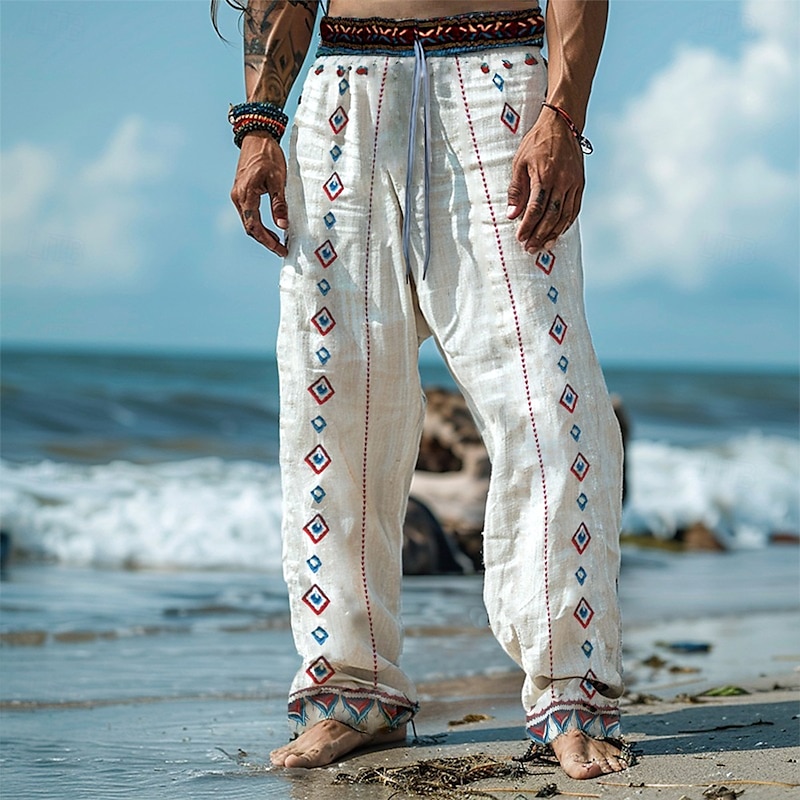 Men's Linen Pants Trousers Summer Pants Beach Pants Patchwork Elastic Waist Straight Leg Geometric Comfort Breathable Full Length Casual Daily Holiday Vacation Fashion White