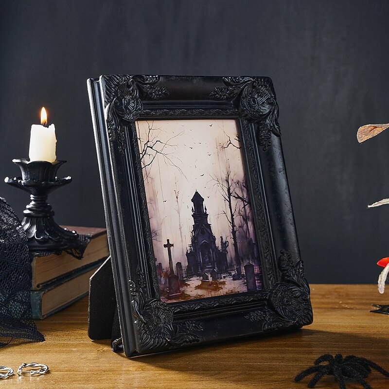 Halloween Resin Tombstone Photo Frame, Black Gothic Desktop Picture Frame Ornament for Halloween Bedroom, Office, and Study Table Decoration4