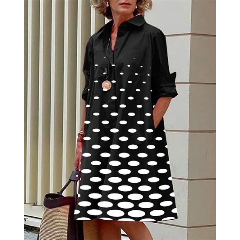 Women's Midi Dress Shirt Dress Casual Dress Fashion Modern Daily Beach Weekend Regular Fit Dot Long Sleeve Shirt Collar Black White Red Spring Fall