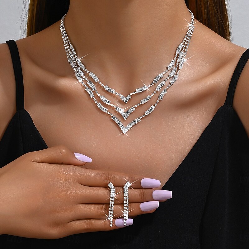 Bridal Jewelry Sets Two-piece Suit Zircon Imitation Diamond 1 Necklace Earrings Women's Elegant Classic Sweet Lovely Layered Love Precious Jewelry Set For Wedding Birthday Gift
