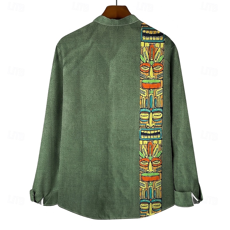 Men's Mask Ethic / African Shirt Stand Collar Shirt Long Sleeve Vintage Retro Vacation Daily Wear Going out Spring Fall Mandarin Collar Band Collar Button-Down Linen Like Shirt Green2