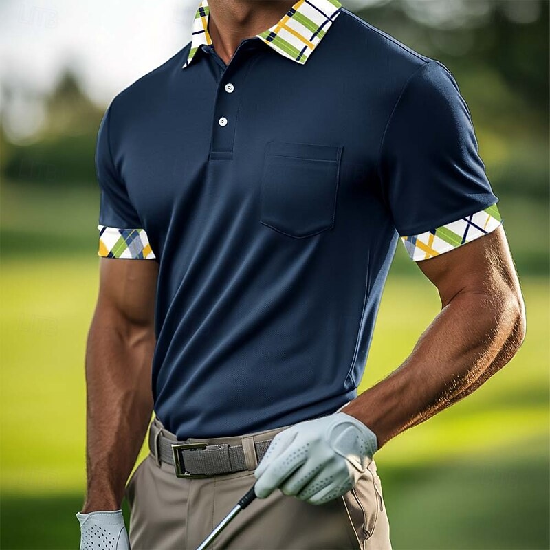 Men's Golf Shirt Pique Polo Shirt Business Casual Classic Short Sleeve Fashion Basic Solid Color Plaid Buttons Summer Spring Spring &  Fall Regular Fit White Yellow Green Navy Blue Golf Shirt4