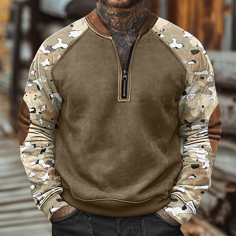 Men's Sweatshirt Quarter Zip Sweatshirt Army Green Green Khaki Camouflage Green Half Zip Color Block Camo / Camouflage Half Zip Print Casual Daily Holiday Polyester Vintage Streetwear Casual Fall3
