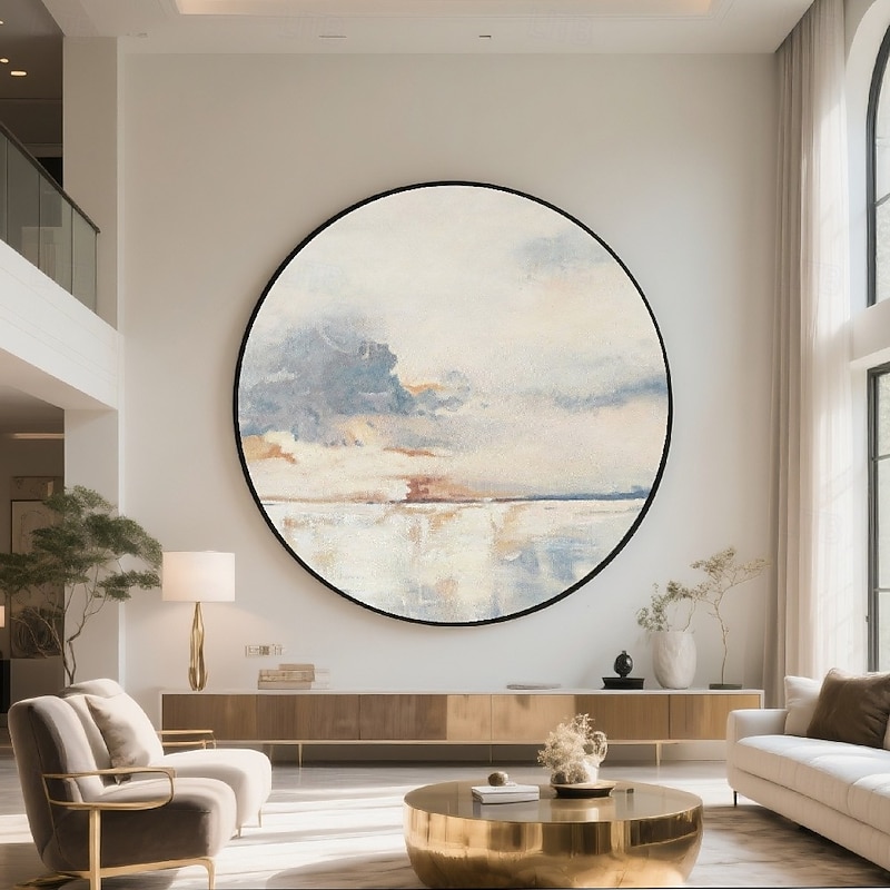 Handmade Circular Oil Painting Abstract Ocean Seascape Soft Clouds Misty Sky Reflection Textured 3D Brushstrokes Blue White Gray Terracotta Modern Wall Art Ready To Hang Include Inner Frame