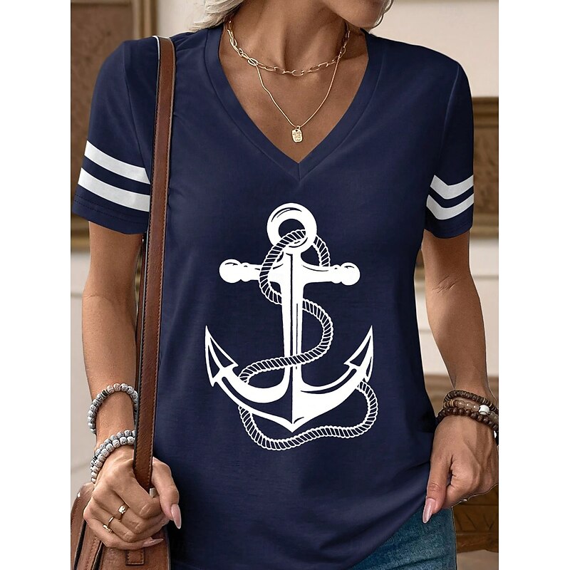 Women's T Shirt Graphic Striped Vintage Stylish Classic Short Sleeve V Neck Regular Tops Daily Print Red Blue Purple Orange Green Summer Spring