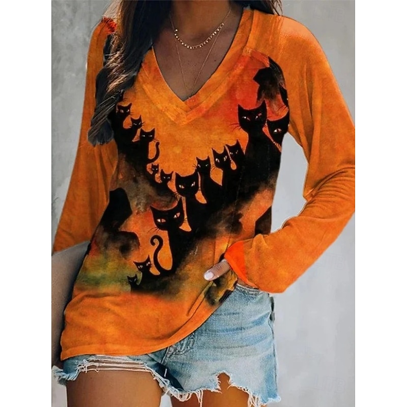 Halloween Women's T shirt Monster Long Sleeve V Neck Long Sleeve Graphic Casual Vintage Stylish Classic Regular Tops Daily Print Orange off-white Khaki Spring Fall Prefall2