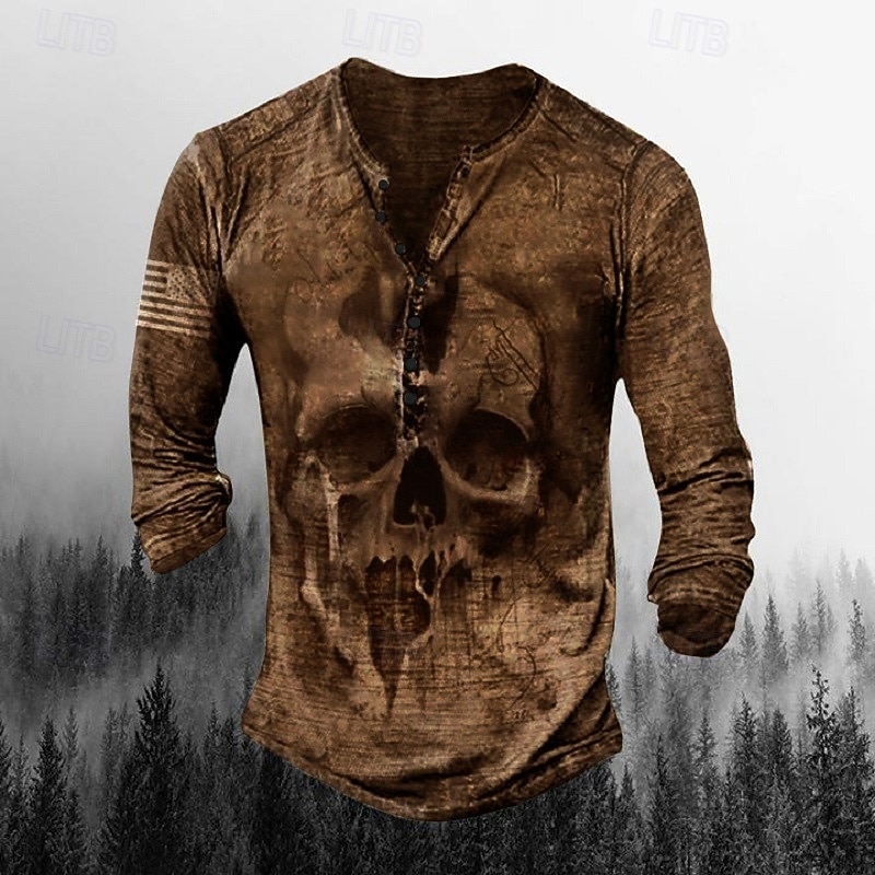 Men's T shirt Tee Henley Shirt Graphic Skull Henley Army Green Brown Khaki Gray Plus Size Street Casual Long Sleeve Button-Down Print Clothing Apparel Stylish Retro Vintage Basic4