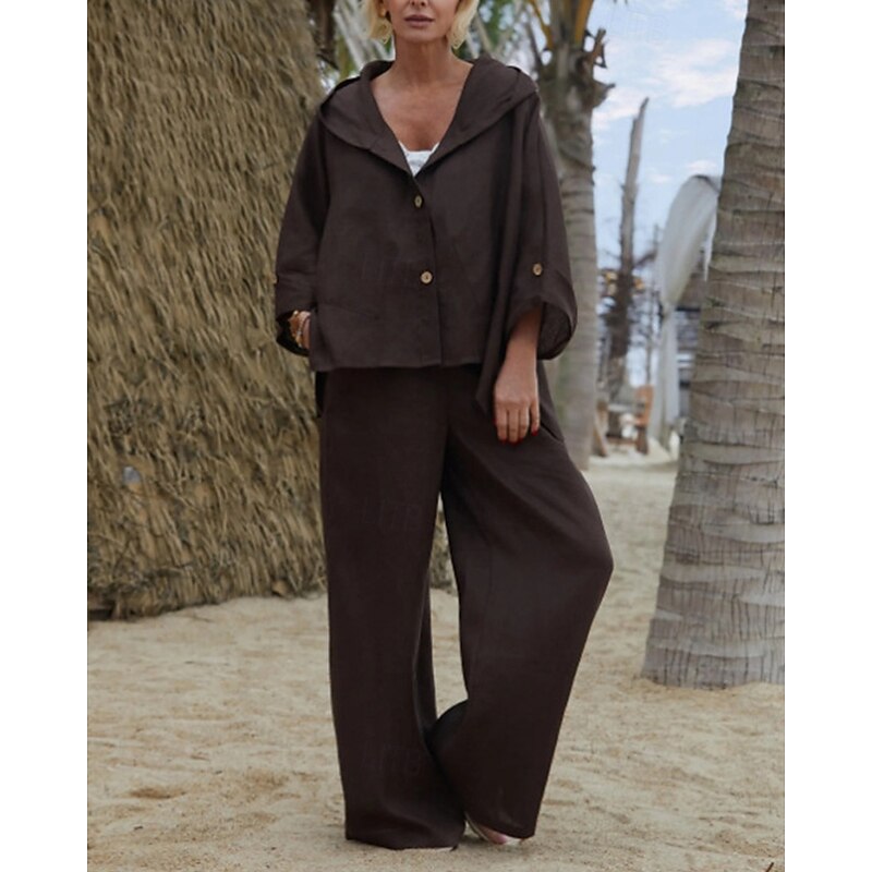 Women's Fashion Streetwear Blouse Pants Sets Bolero Top Long Sleeve Hooded Solid Color Vacation Casual Daily White Pink Brown Spring Regular Fit