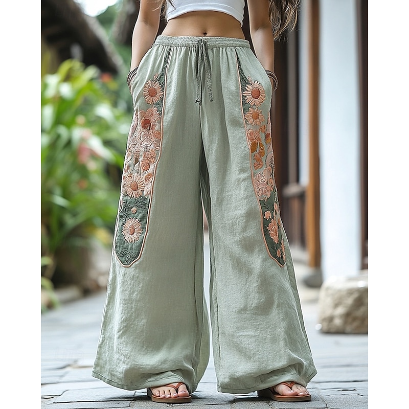 Women's Wide Leg Pants Trousers Palazzo Pants Fashion Boho Full Length High Waist Flower Elastic Waist Drawstring Print Breathability Comfortable Street Daily Wear Going out Light Green Spring Fall