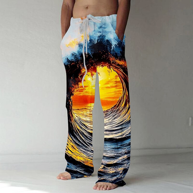 Men's Trousers Baggy Pants Casual Pants Elastic Drawstring Waist Linen-Like Pants with Pockets Optical Illusion Ocean Sunset Full Length Outdoor Vacation Hawaiian Blue Inelastic
