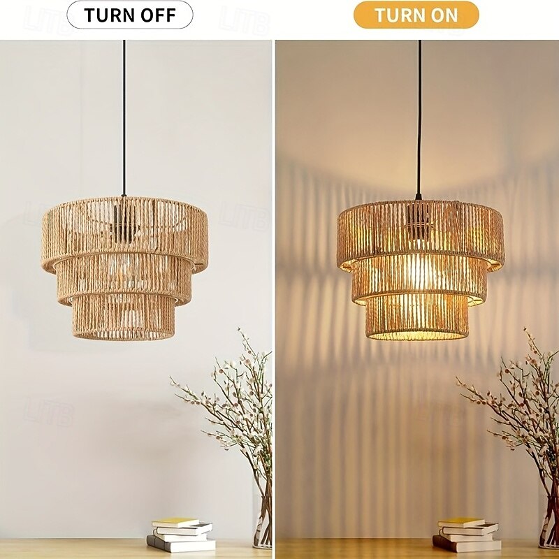 Country Vintage 3-Tier Jute Rope Pendant Light, Hand-Woven Organic Design, Warm White/White Light, E26/E27, Adjustable Chain2
