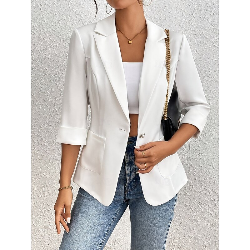 Women's Blazer Comfortable Breathable Pocket Casual Plain Office Street Casual Daily Wear Single Breasted Regular Turndown Regular Fit Long Sleeve Outerwear White Summer Spring