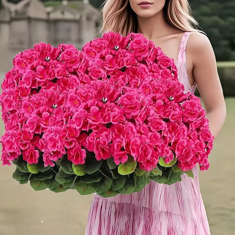 8 Bundles UV Resistant Artificial Geranium Flowers, Vivid Pink Faux Plants with Greenery for Indoor Outdoor Home Garden Wedding Decor