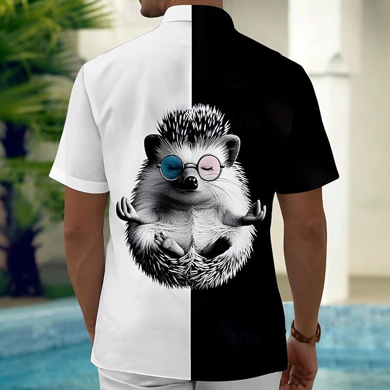 Men's Animal Hedgehog Shirt Summer Shirt Button Up Shirt Short Sleeve Funny Outdoor Vacation Dailywear Summer Spring Turndown 3D Print Collared Shirts Front One Pocket White+Black2