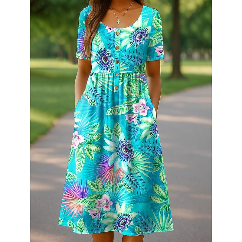 Women's Midi Dress Casual Dress Sundress A Line Dress Summer Dress Vacation Casual Beach Holiday Regular Fit Floral Graphic Short Sleeve Crew Neck Pink Blue Green Beige Summer Spring